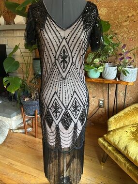 Vintage-Inspired Black Beaded Fringe Midi Flapperw Dress ✨So Beautiful ✨EUC✨